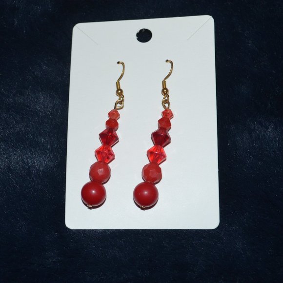 Red Beaded Gold-Plated Fishhook Earrings - Picture 1 of 4